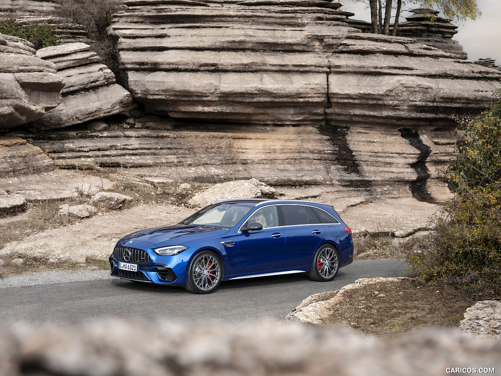 2023 Mercedes-AMG C 63 S E Performance Estate (Color: Spectral Blue Metallic) - Front Three-Quarter