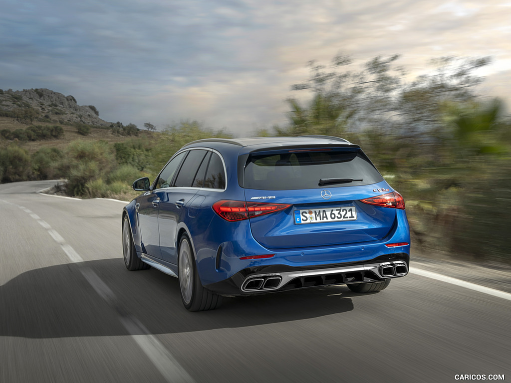 2023 Mercedes-AMG C 63 S E Performance Estate (Color: Spectral Blue Metallic) - Rear Three-Quarter