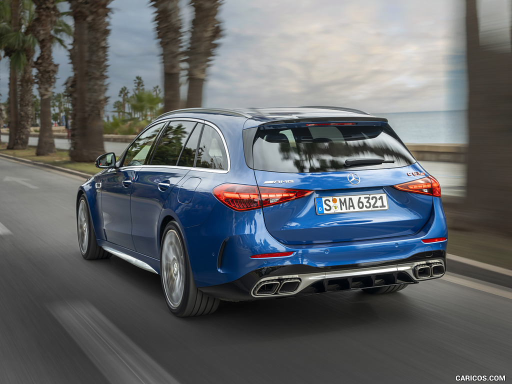 2023 Mercedes-AMG C 63 S E Performance Estate (Color: Spectral Blue Metallic) - Rear Three-Quarter