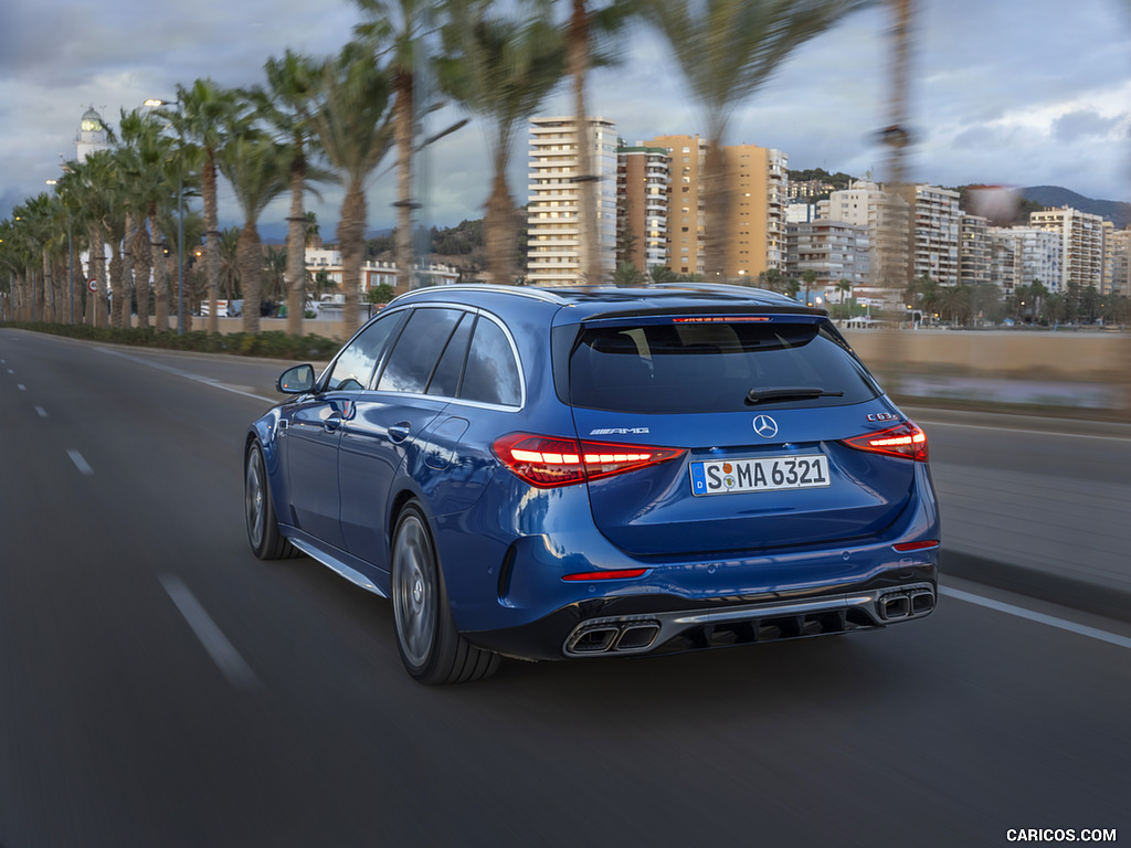 2023 Mercedes-AMG C 63 S E Performance Estate (Color: Spectral Blue Metallic) - Rear Three-Quarter