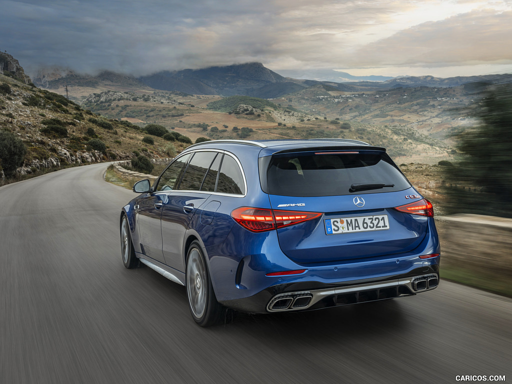 2023 Mercedes-AMG C 63 S E Performance Estate (Color: Spectral Blue Metallic) - Rear Three-Quarter