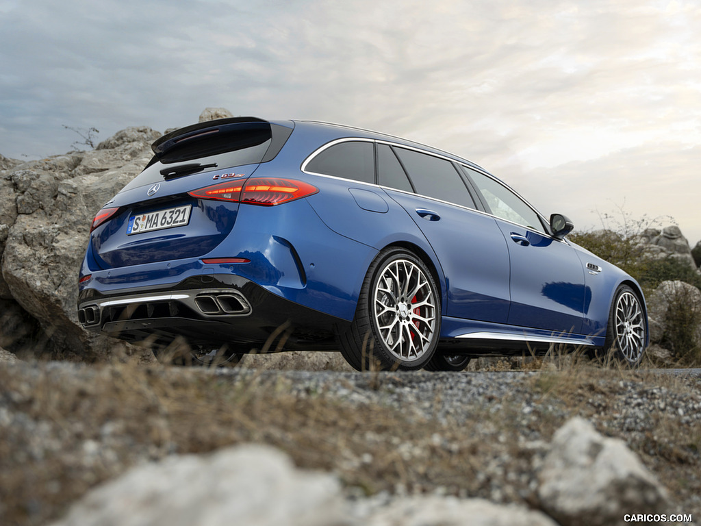 2023 Mercedes-AMG C 63 S E Performance Estate (Color: Spectral Blue Metallic) - Rear Three-Quarter