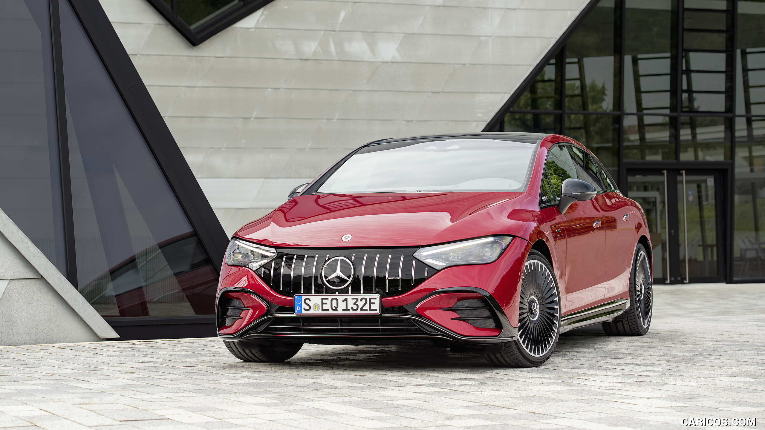 2023 Mercedes-AMG EQE 43 4MATIC (Color: MANUFAKTUR hyacinth red) - Front Three-Quarter, #55 of 239