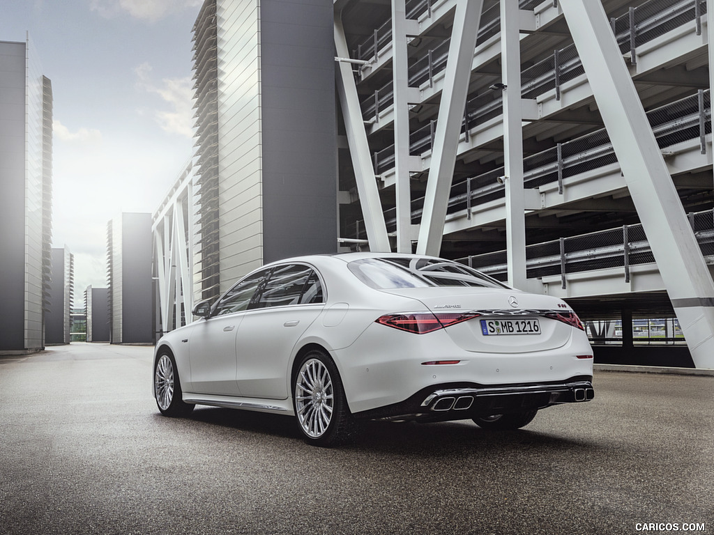 2023 Mercedes-AMG S 63 E PERFORMANCE (Color: MANUFAKTUR Cashmere White Magno) - Rear Three-Quarter