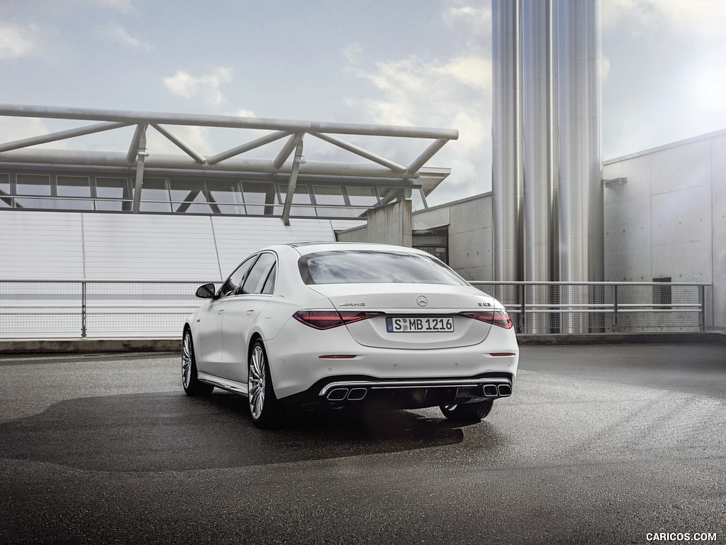 2023 Mercedes-AMG S 63 E PERFORMANCE (Color: MANUFAKTUR Cashmere White Magno) - Rear Three-Quarter