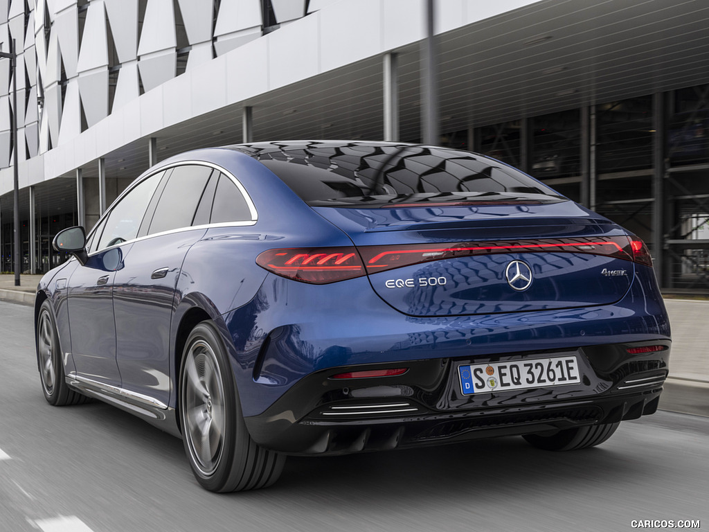 2023 Mercedes-Benz EQE 500 AMG Line 4MATIC (Color: Spectral Blue) - Rear Three-Quarter