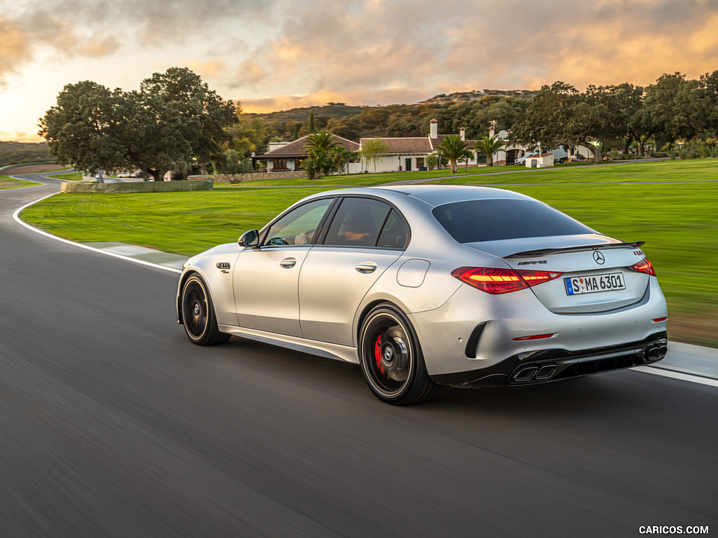 2024 Mercedes-AMG C 63 S E Performance (Color: Hightech Silver Metallic) - Rear Three-Quarter