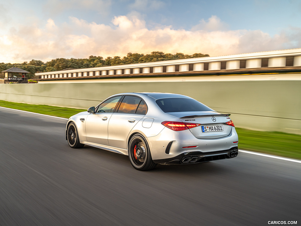 2024 Mercedes-AMG C 63 S E Performance (Color: Hightech Silver Metallic) - Rear Three-Quarter