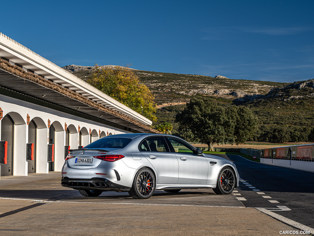 2024 Mercedes-AMG C 63 S E Performance (Color: Hightech Silver Metallic) - Rear Three-Quarter