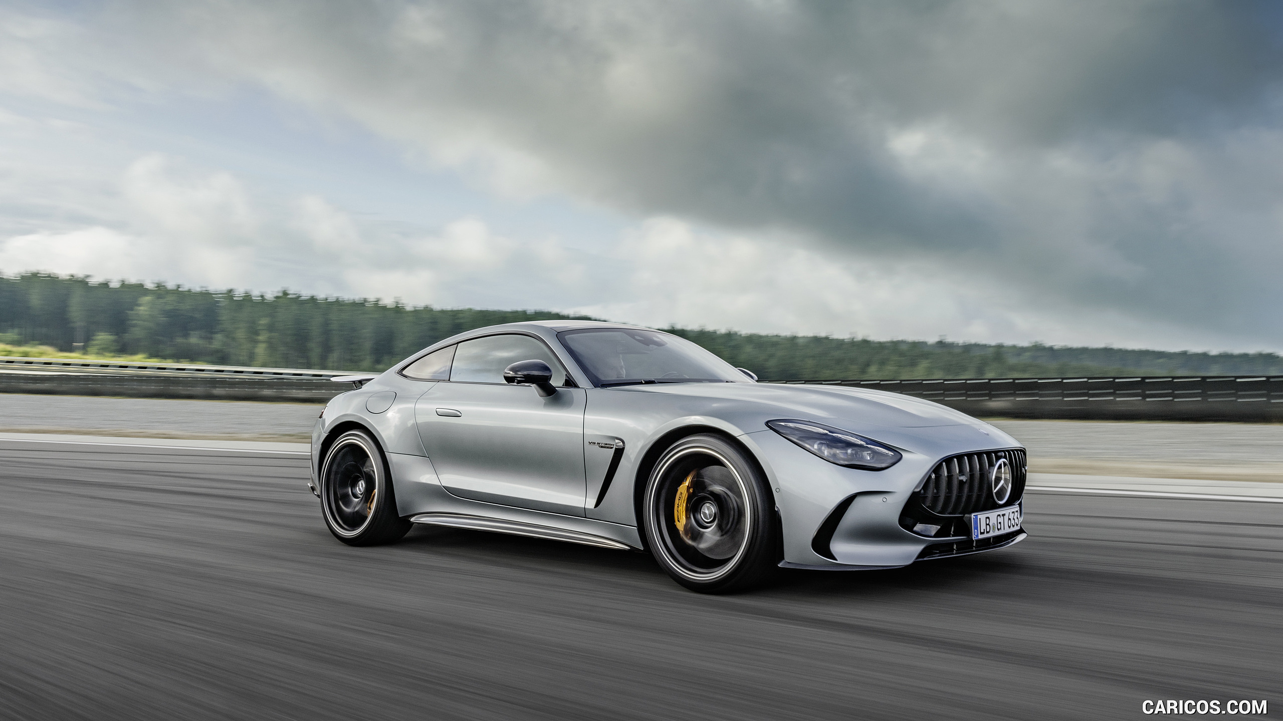 2024 Mercedes-AMG GT 63 Coupé 4MATIC+ with AMG Aerodynamic package (Color: High-Tech Silver Metallic) - Front Three-Quarter, #6 of 241