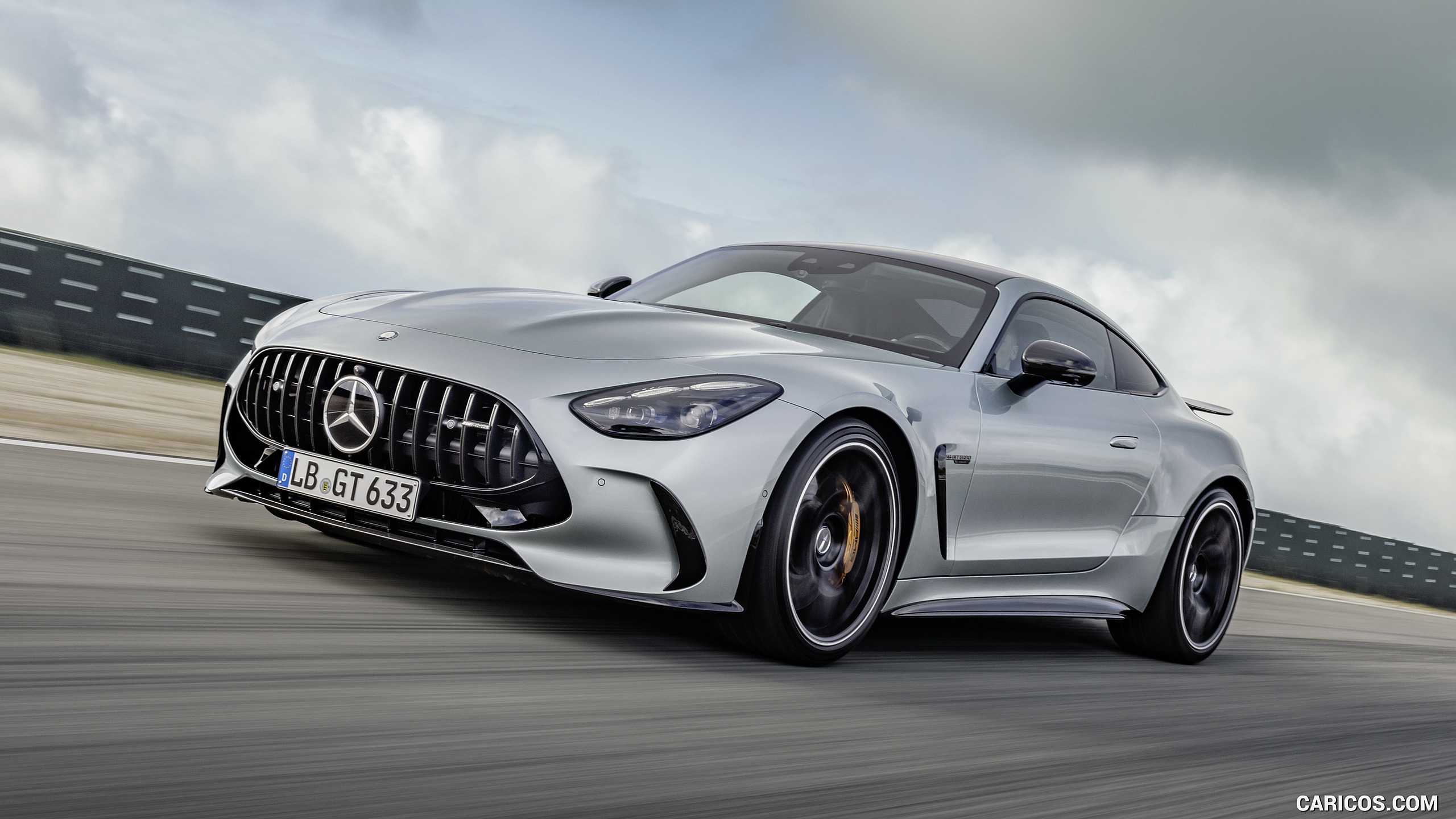 2024 Mercedes-AMG GT 63 Coupé 4MATIC+ with AMG Aerodynamic package (Color: High-Tech Silver Metallic) - Front Three-Quarter, #13 of 62