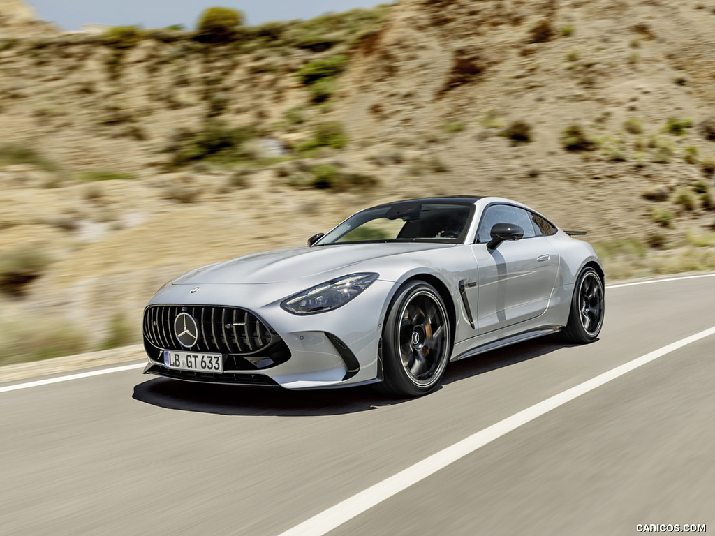 2024 Mercedes-AMG GT 63 Coupé 4MATIC+ with AMG Aerodynamic package (Color: High-Tech Silver Metallic) - Front Three-Quarter