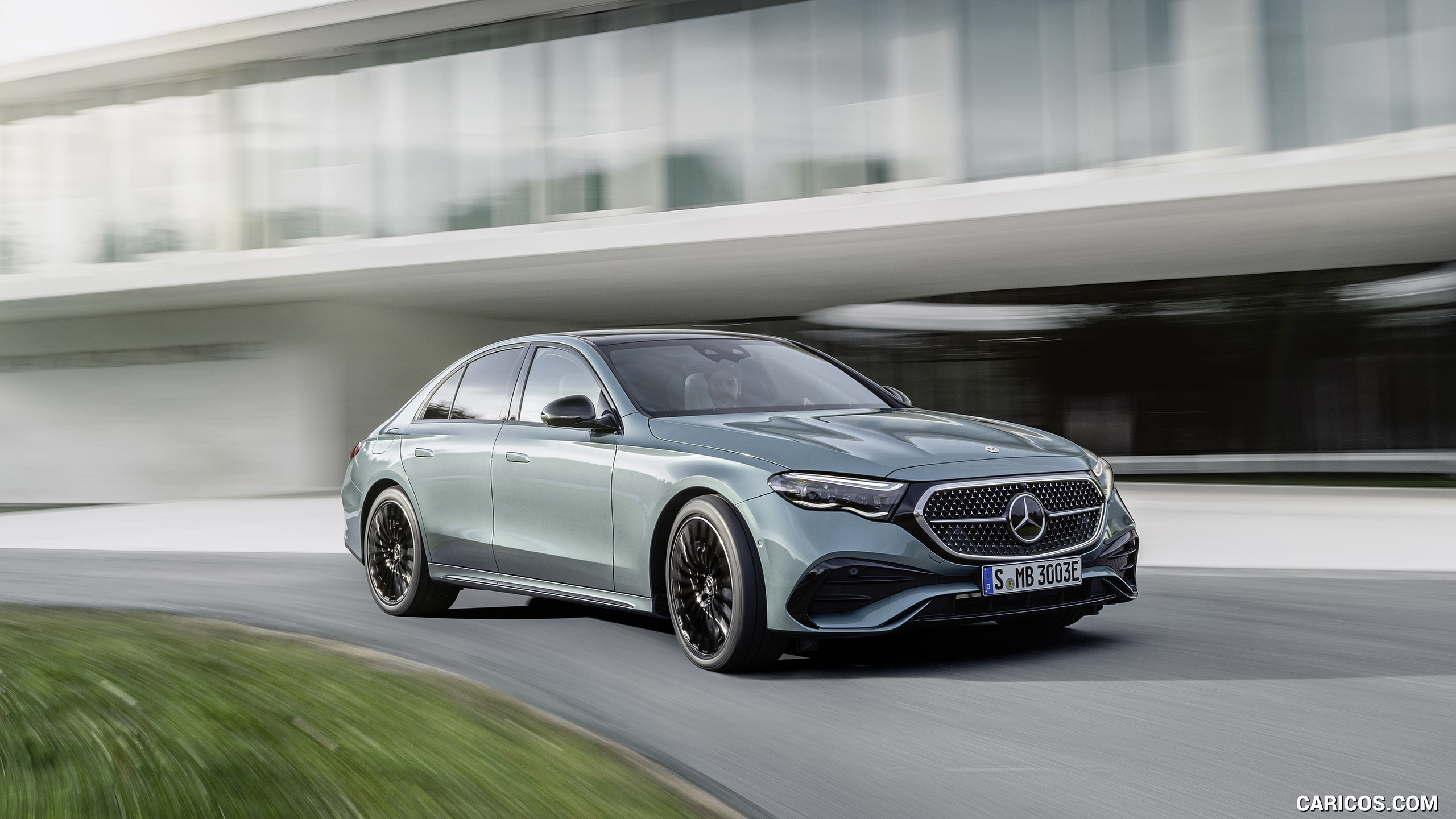 2024 Mercedes-Benz E-Class Plug-In Hybrid AMG Line Color: (Verde Silver) - Front Three-Quarter, #12 of 158