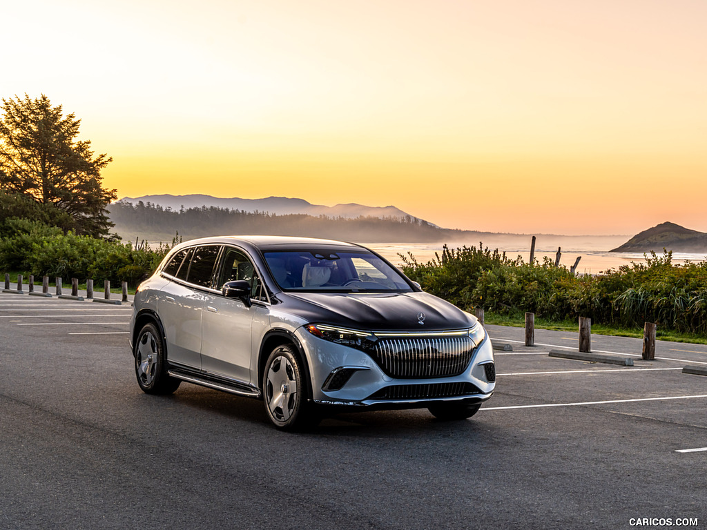 2024 Mercedes-Maybach EQS 680 SUV (Color: MANUFAKTUR Exclusive Nappa Leather Maybach Crystal White/Silver Grey Pearl) - Front Three-Quarter