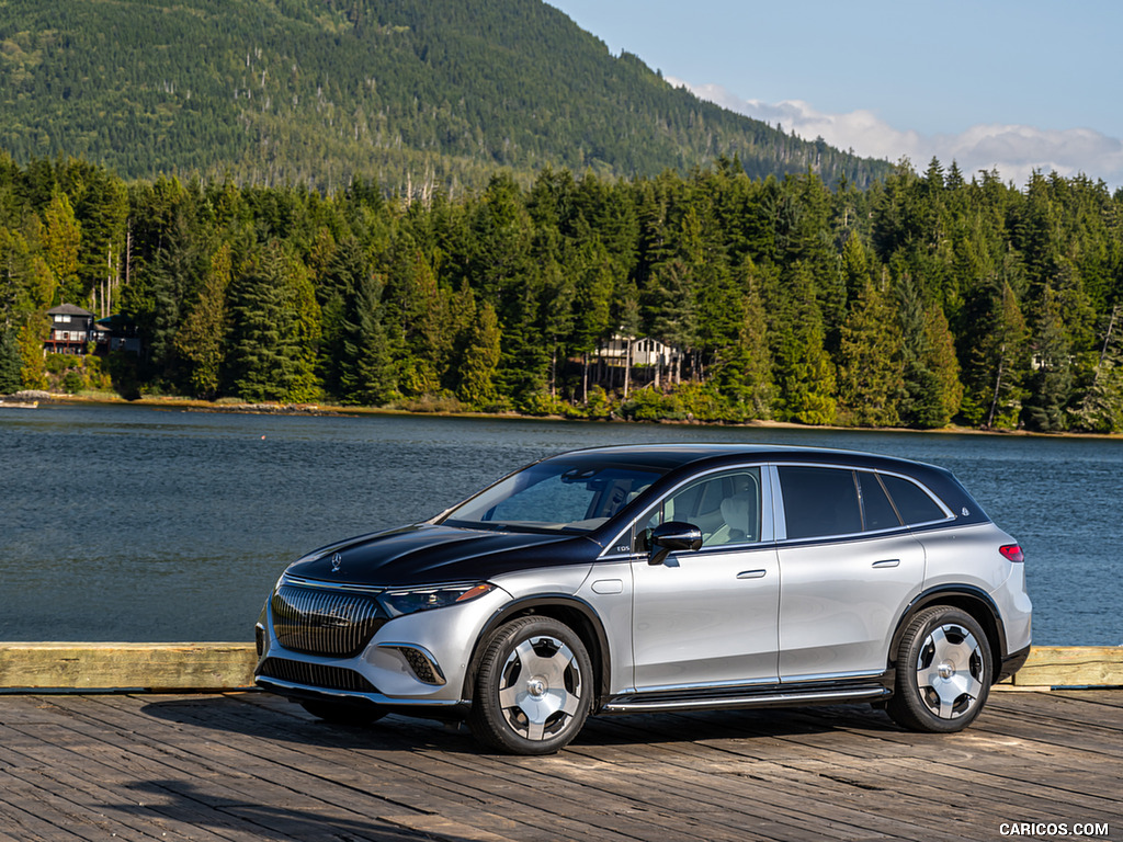 2024 Mercedes-Maybach EQS 680 SUV (Color: MANUFAKTUR Exclusive Nappa Leather Maybach Crystal White/Silver Grey Pearl) - Front Three-Quarter