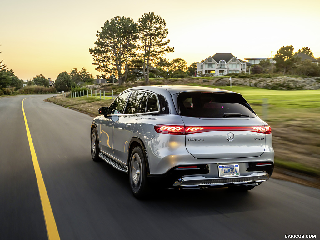 2024 Mercedes-Maybach EQS 680 SUV (Color: MANUFAKTUR Exclusive Nappa Leather Maybach Crystal White/Silver Grey Pearl) - Rear Three-Quarter