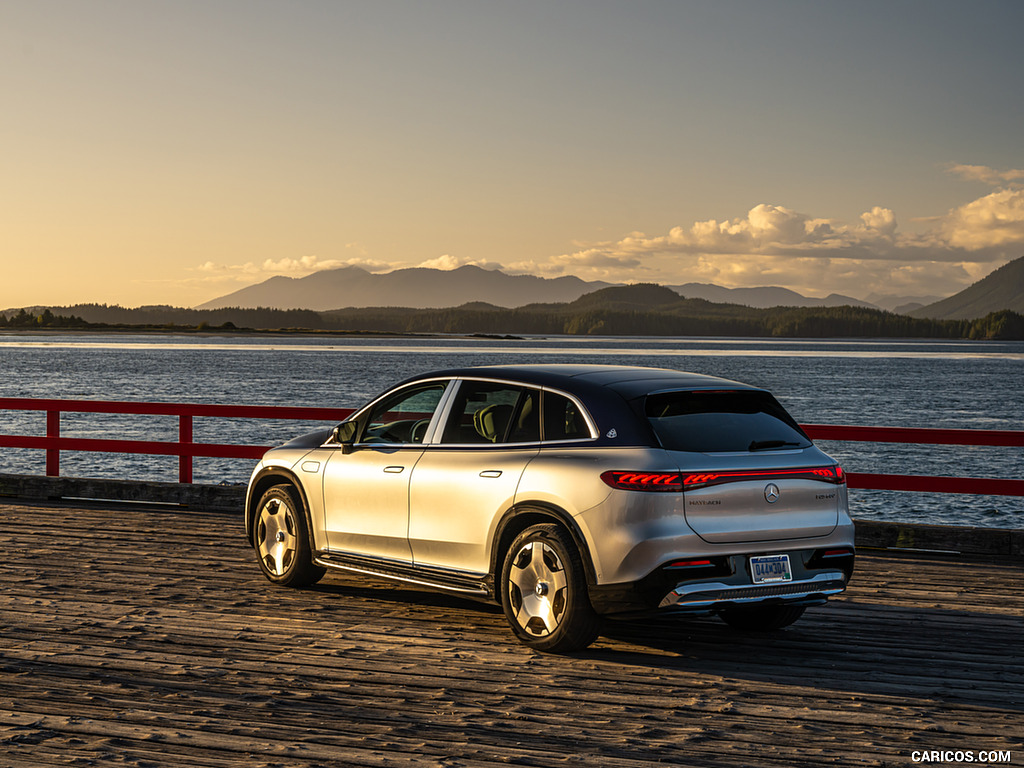 2024 Mercedes-Maybach EQS 680 SUV (Color: MANUFAKTUR Exclusive Nappa Leather Maybach Crystal White/Silver Grey Pearl) - Rear Three-Quarter