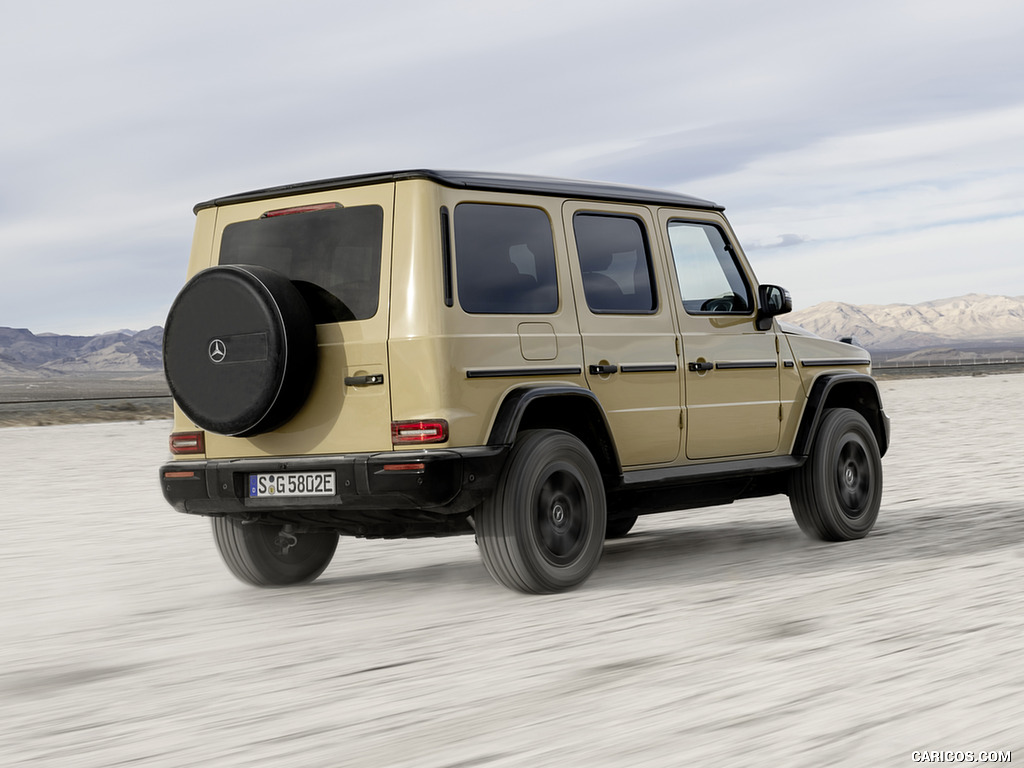 2025 Mercedes-Benz G 580 Electric with EQ Technology (Color: MANUFAKTUR Desert Sand Non-Metallic) - Rear Three-Quarter