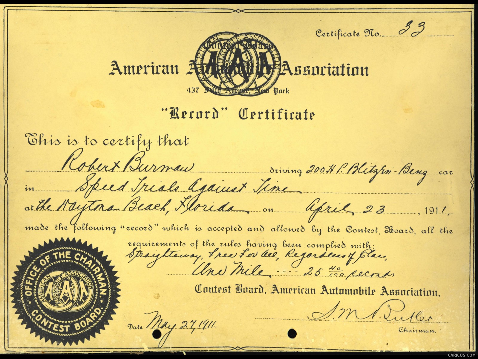 Blitzen-Benz 200-PS (1909) - Speed Record Certificate of the "American Automobile Association", #14 of 14